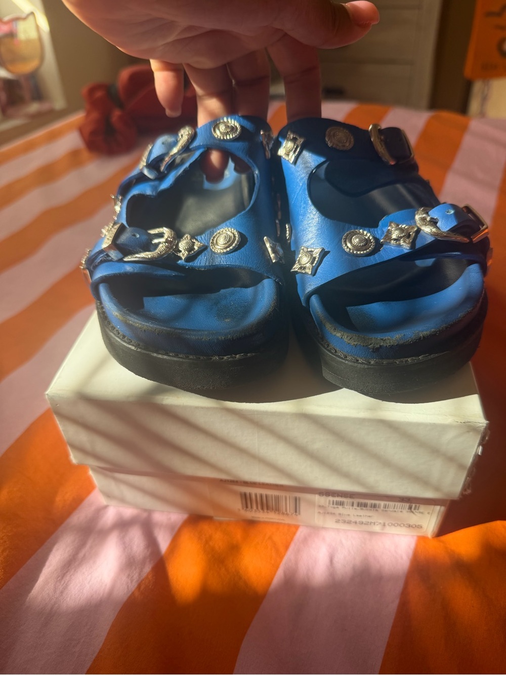 Girls Bright Blue Studded Kids Slide Sandals size 33 EU